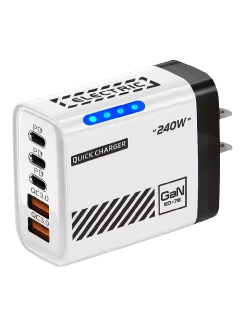 240W GaN Quick Charger - White with Black Accents and Blue LED